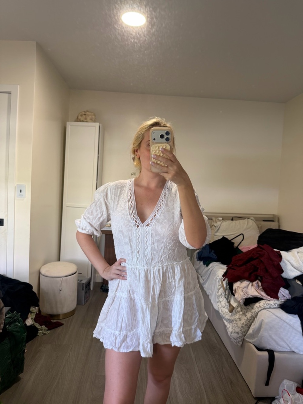 White Lace V-Neck Tiered Women's Dress